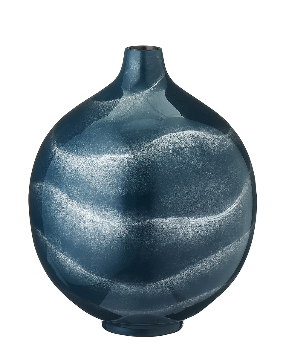 Vase en résine laqué bleu forme boule.