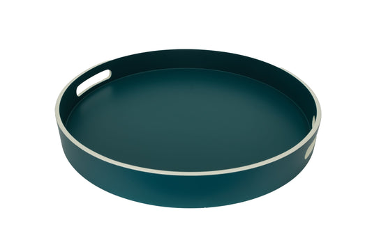 Plateau rond en laque vert emeraude et beige